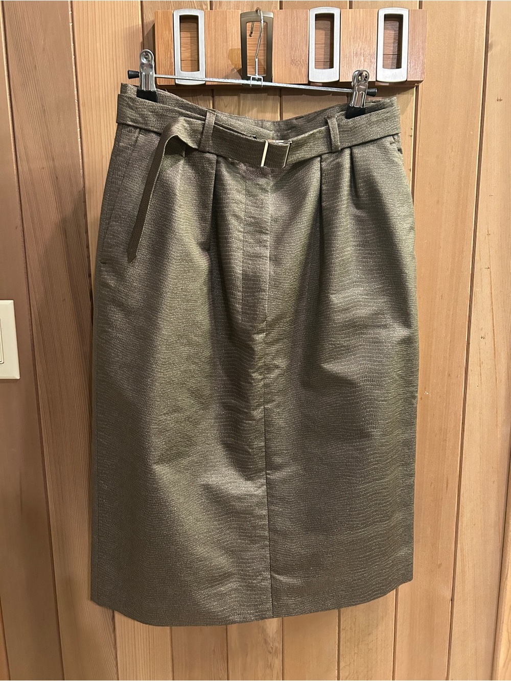 Vintage Yves Saint Laurent Olive Green Brocade High-Waist Belted Pencil Skirt